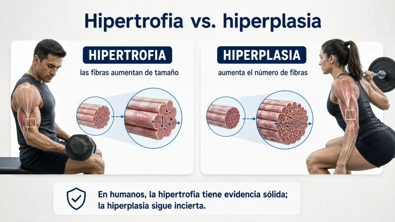 Hombre levanta pesas (hipertrofia: fibras aumentan tamaño) y mujer hace sentadilla (hiperplasia: aumenta número de fibras). En humanos, hipertrofia es sólida, hiperplasia incierta.