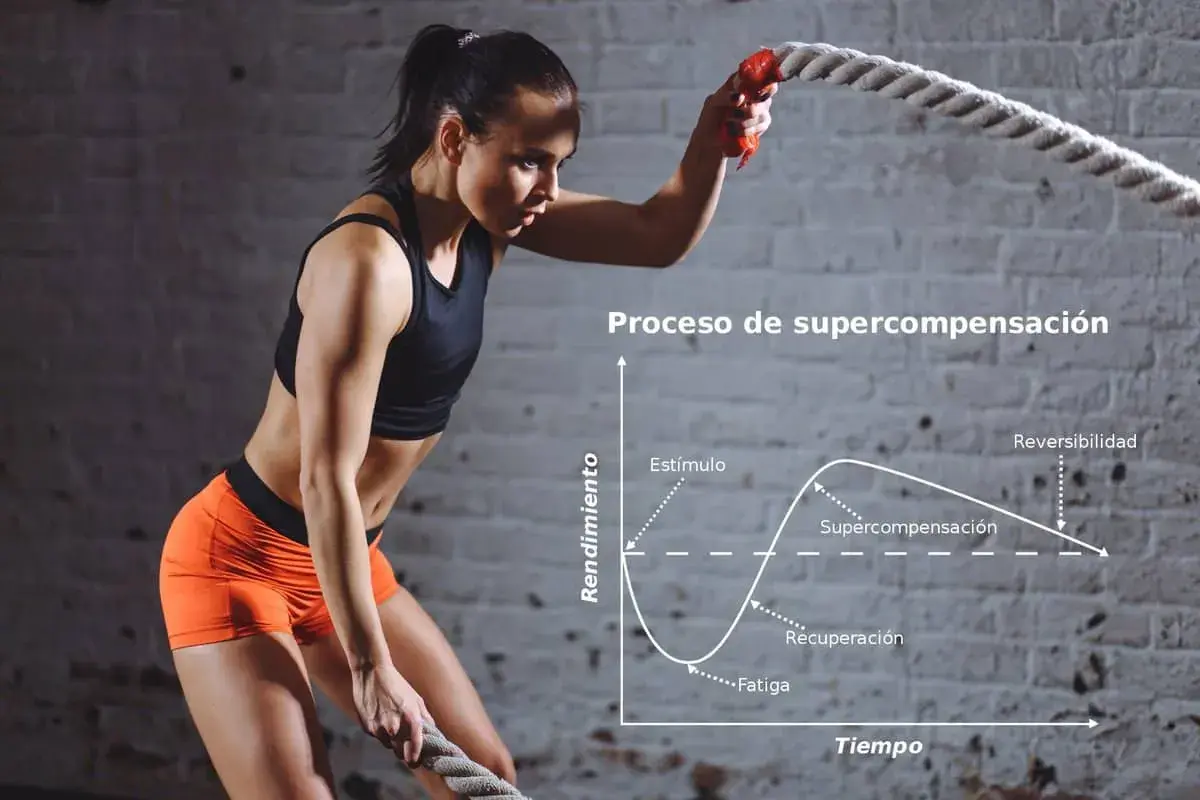 Mujer entrenando con cuerda. Gráfico muestra el proceso de supercompensación, indicando que cada cuanto hacer una semana de descarga para optimizar la recuperación y el rendimiento.