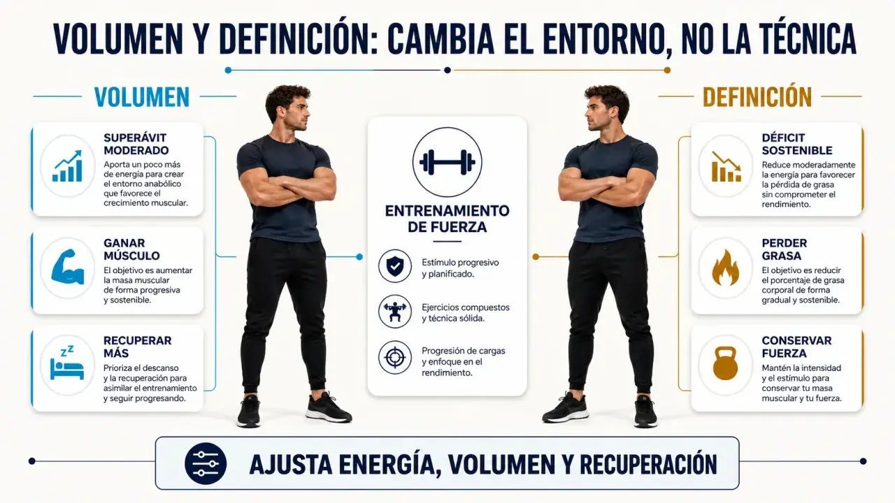 Hombres musculosos explican la **dieta volumen** y definición, enfocándose en ganar músculo, recuperación y entrenamiento de fuerza.