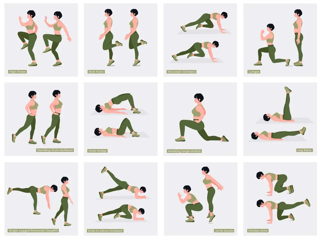 Rutina de ejercicios tren inferior: high knees, butt kicks, mountain climbers, lunges, glute bridge, donkey kicks y más.