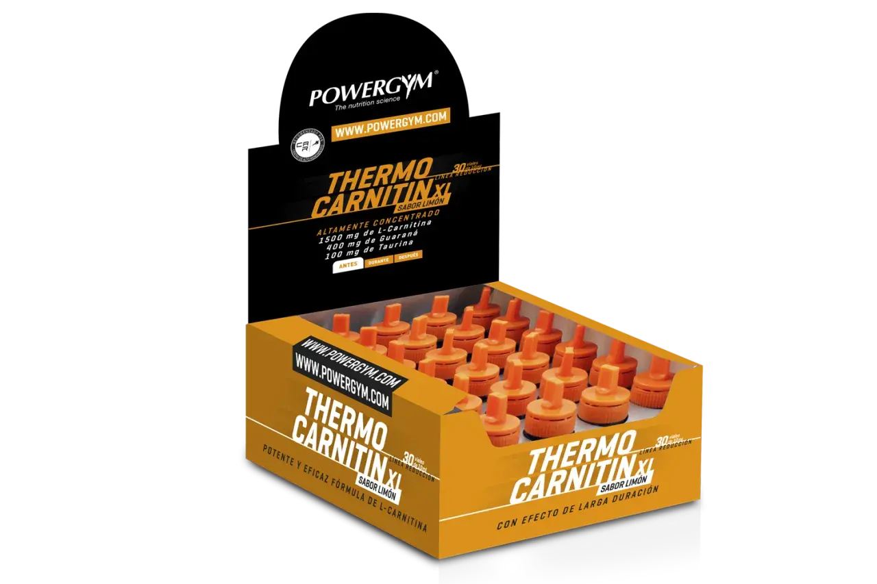 Caja de termogénicos Powergym Thermo Carnitin XL sabor limón, con 30 viales concentrados para la reducción.