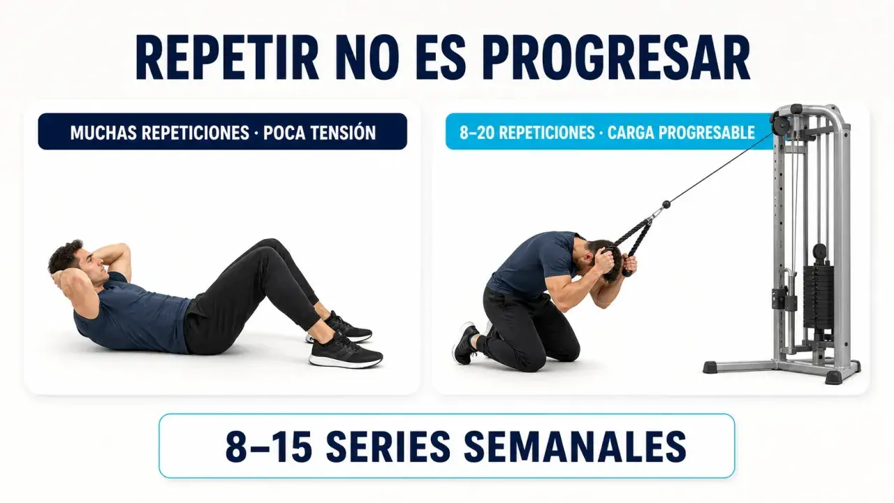 Hombre haciendo abdominales y otro con polea alta. Mejora tu rutina abdomen gym con carga progresable.