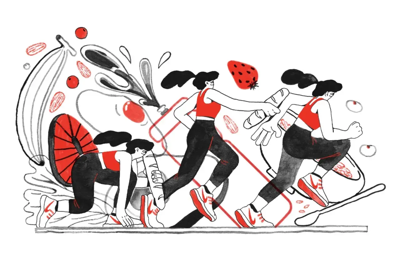 Ilustración de mujeres corriendo, con elementos de comida como plátanos y fresas, representando la dieta running.