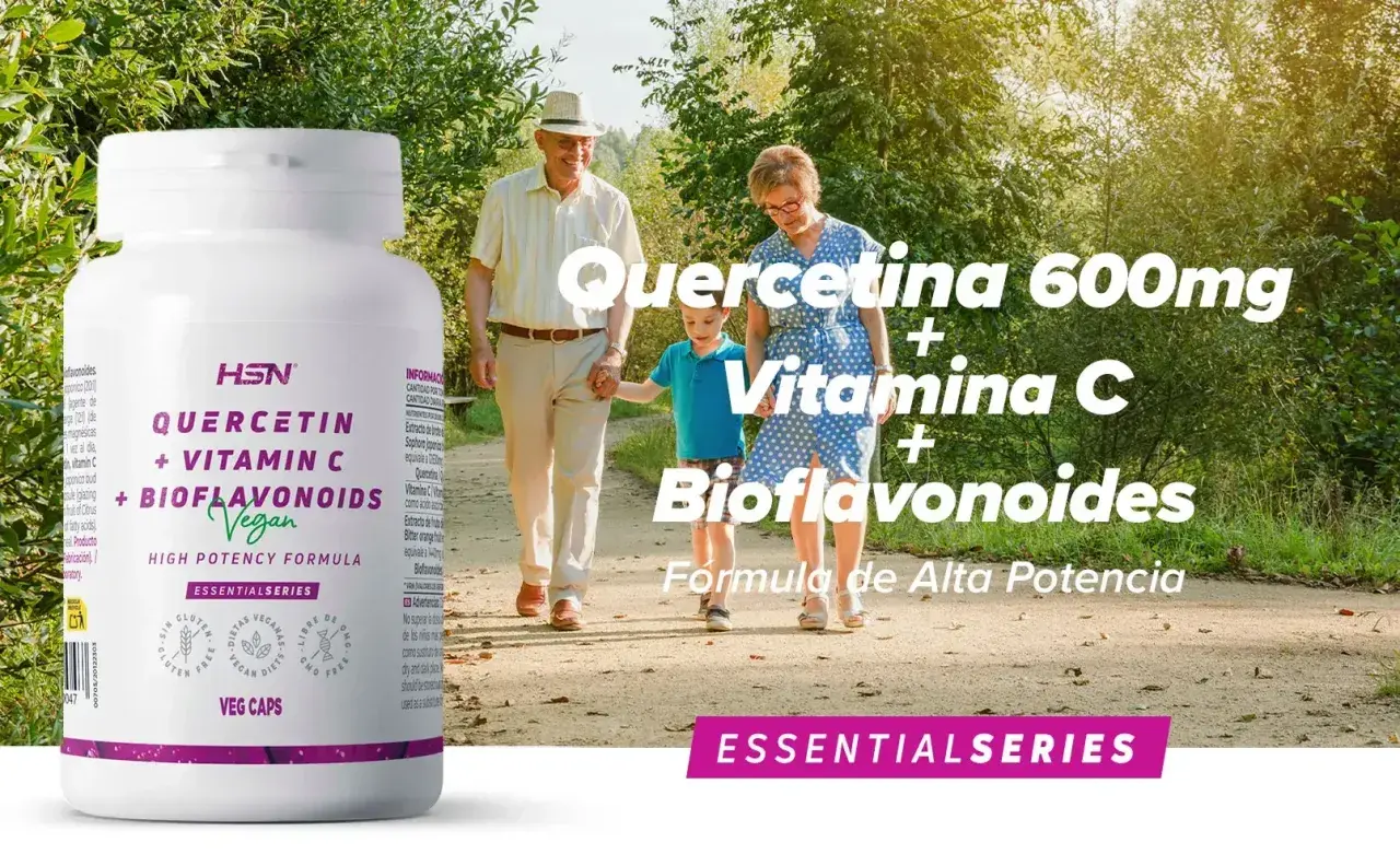 Un frasco de HSN Quercetina + Vitamina C + Bioflavonoides, con una familia paseando. Los bioflavonoides son compuestos vegetales beneficiosos.