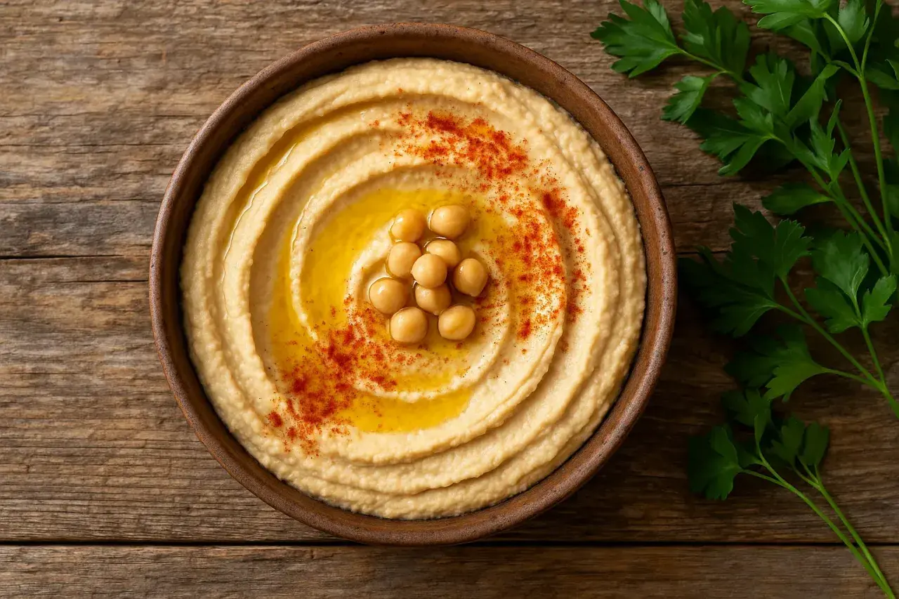 Un cremoso hummus en un cuenco de barro, decorado con garbanzos, aceite de oliva y pimentón. ¡Cuidado, el hummus engorda si te excedes!