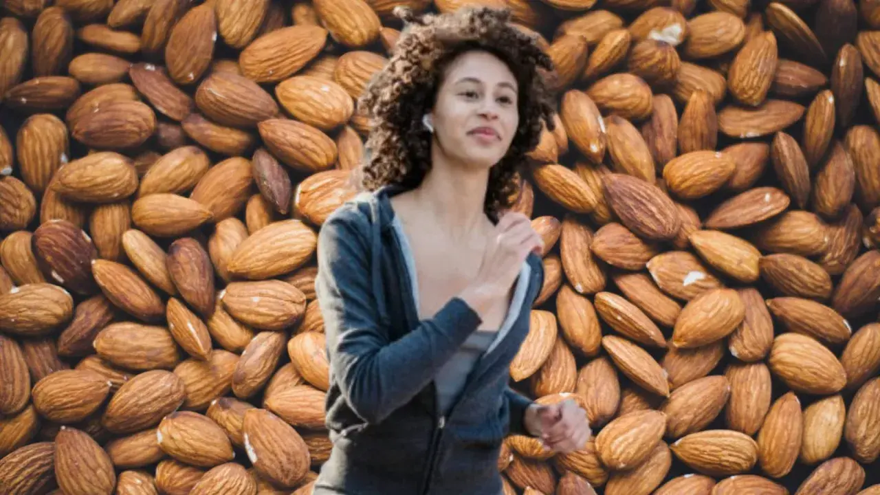 Mujer corriendo con fondo de almendras, descubriendo los 10 beneficios de la almendra para tu salud y energía.