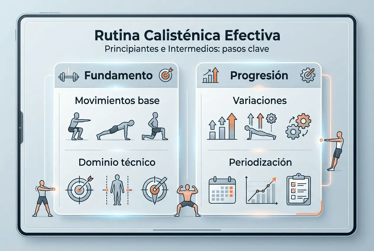 Rutina calistenia: Fundamento (movimientos base, dominio técnico) y Progresión (variaciones, periodización).
