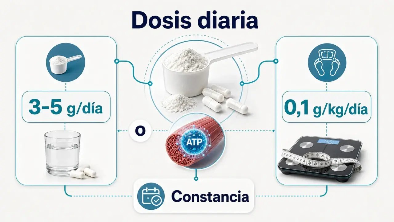 Infografía sobre cómo se toma la creatina: dosis diaria de 3-5 g o 0,1 g/kg, con agua y constancia para ATP muscular.