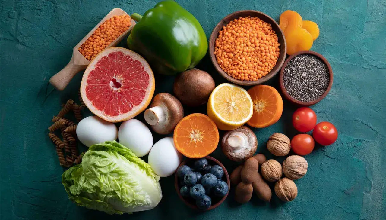 Variedad de alimentos alcalinos lista: lentejas, pomelo, pimiento verde, champiñones, limón, naranjas, tomates, arándanos, huevos, lechuga, pasta integral, semillas de chía, nueces y tamarindos.