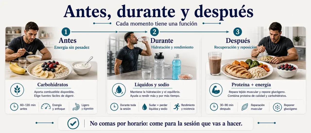 Hombre comiendo avena con frutas. La imagen explica qué comer antes de salir a correr: carbohidratos para energía sin pesadez.