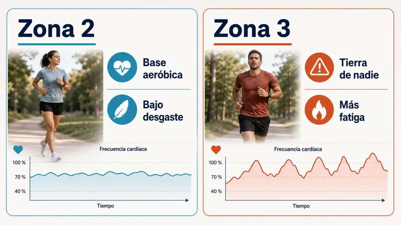 Mujer corriendo en zona 2 running, base aeróbica y bajo desgaste. Gráfica de frecuencia cardíaca estable.