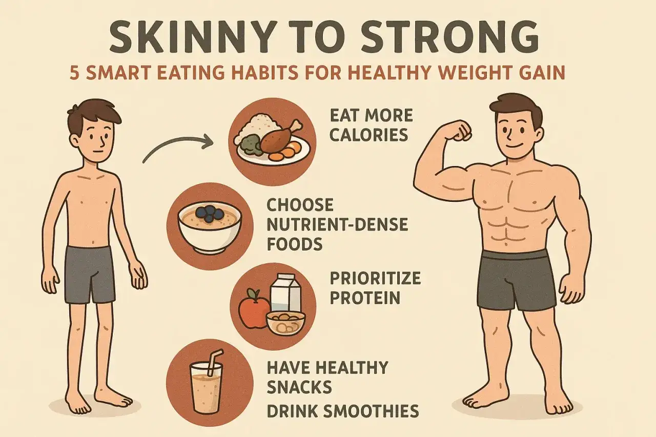 Ilustración muestra cómo engordar saludablemente: comer más calorías, alimentos nutritivos, proteínas, snacks y batidos.