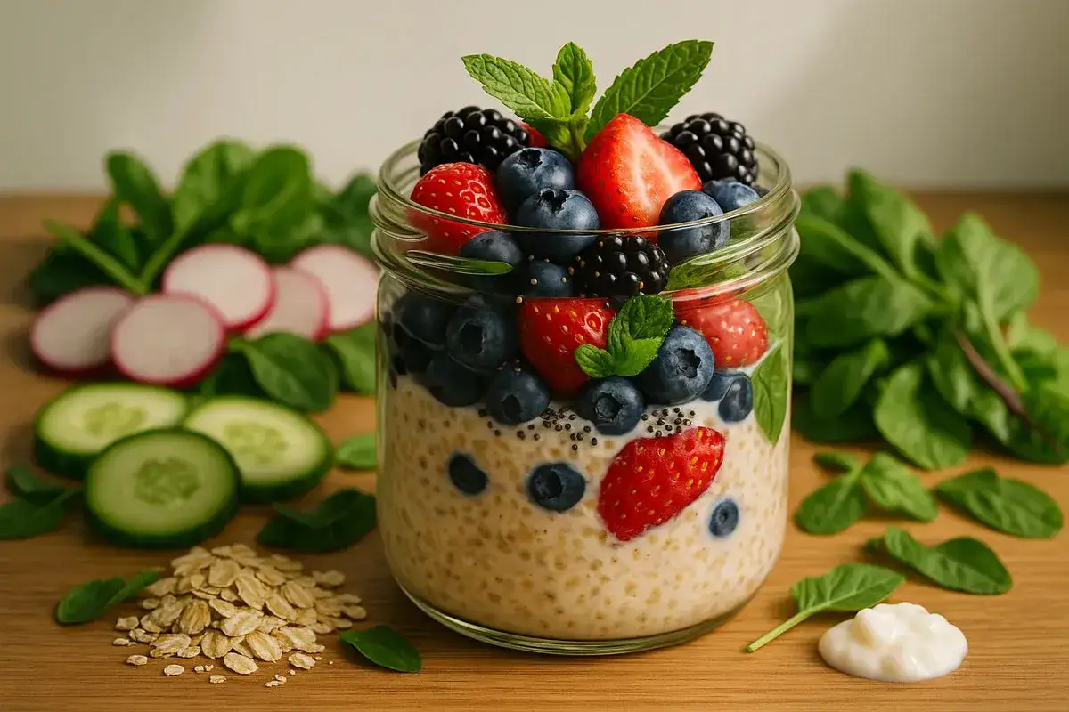 Desayuno saludable en frasco con avena, frutas y menta. Ideal para saber cuanto kefir se puede tomar al dia.