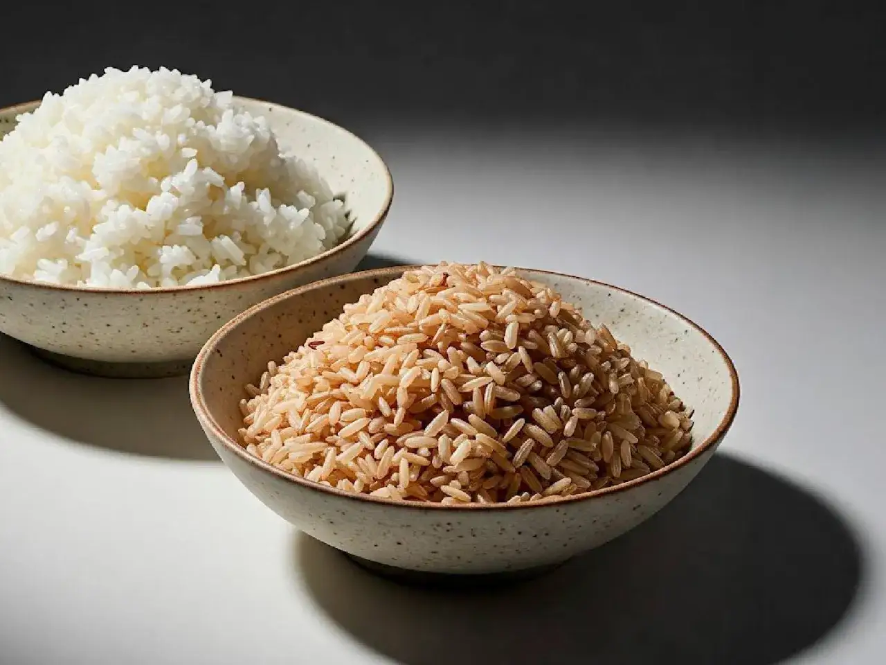 Dos cuencos de arroz: uno blanco y otro integral, destacando los beneficios del arroz integral para una dieta saludable.