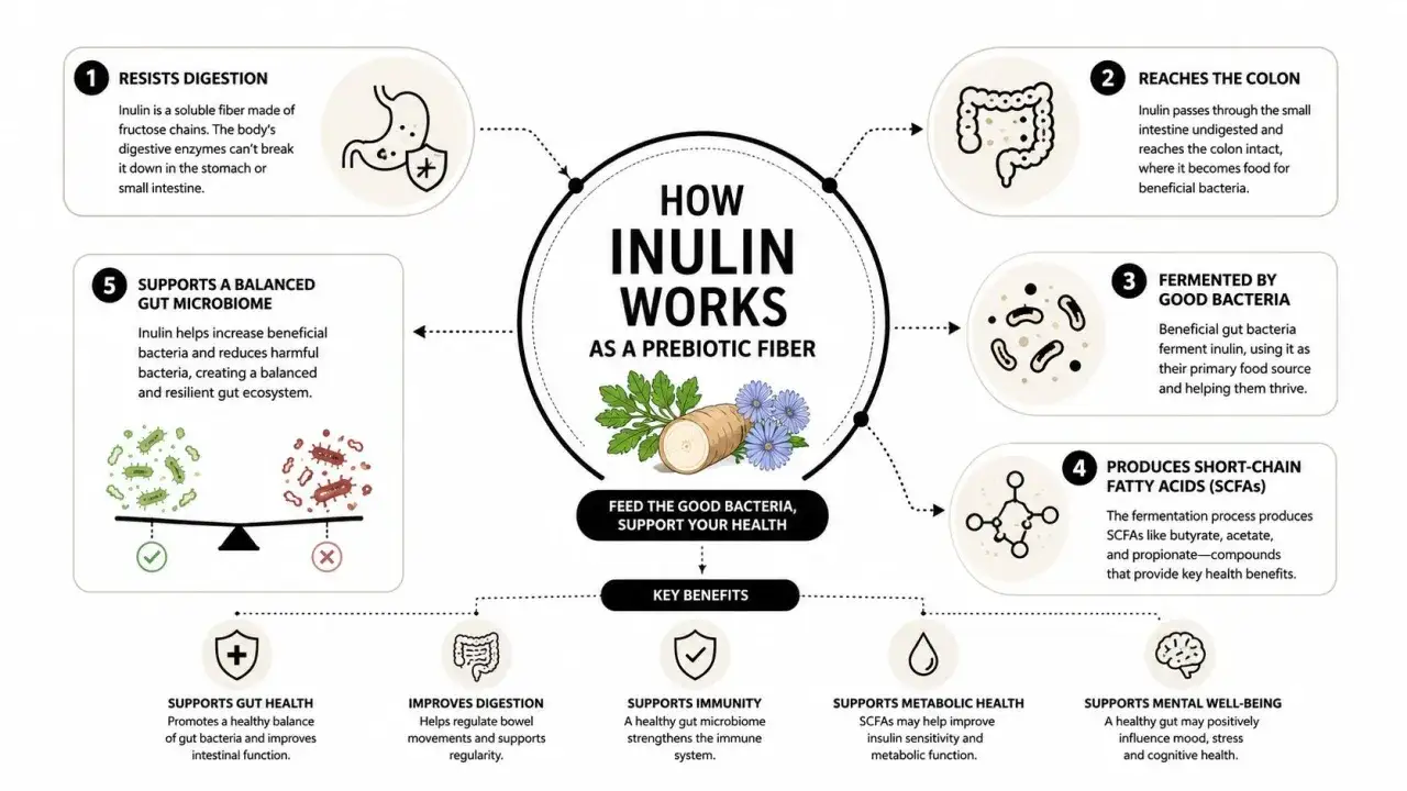 La inulina para que sirve: es una fibra prebiótica que alimenta bacterias buenas, mejora la digestión, el sistema inmune y el bienestar general.