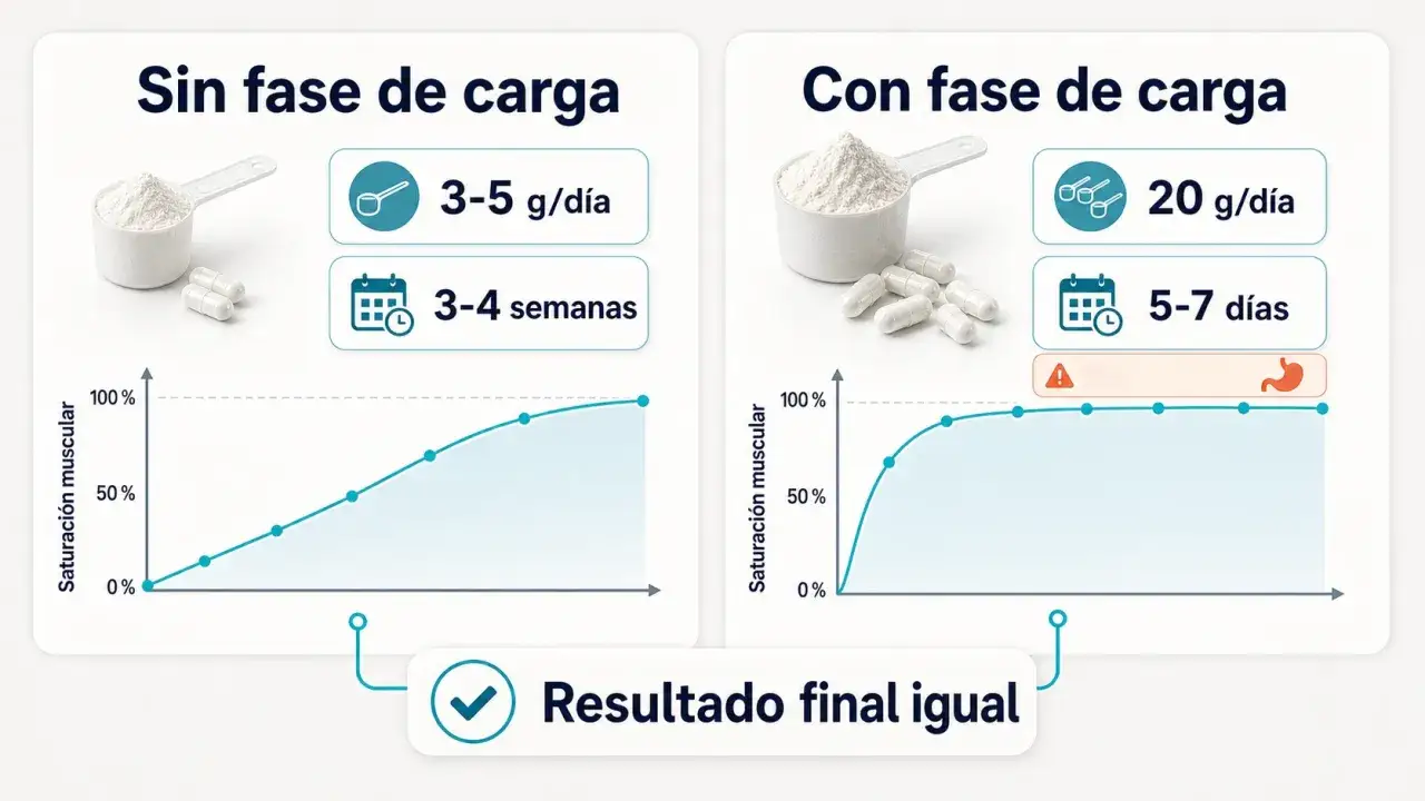Comparativa de la fase de carga de creatina: sin carga (3-5g/d&iacute;a, 3-4 semanas) vs. con carga (20g/d&iacute;a, 5-7 d&iacute;as).