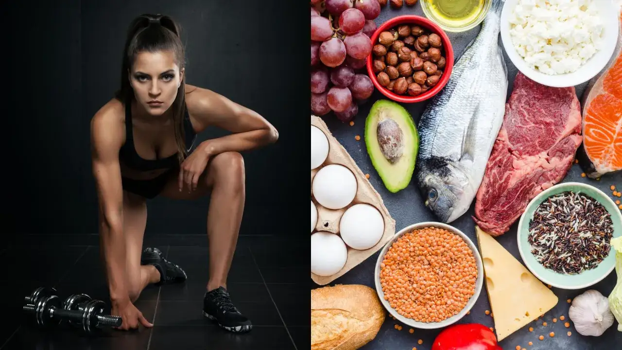 Mujer en posición de ejercicio junto a alimentos ricos en proteínas y grasas saludables, esenciales para controlar las calorías diarias.