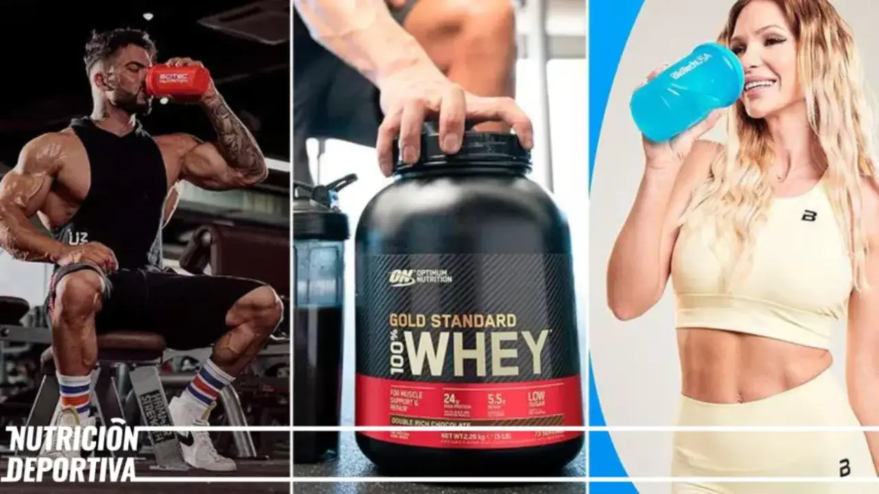 Atletas bebiendo batidos y un gran bote de proteína en polvo. Descubre para qué sirve la proteína en polvo para optimizar tu nutrición deportiva.