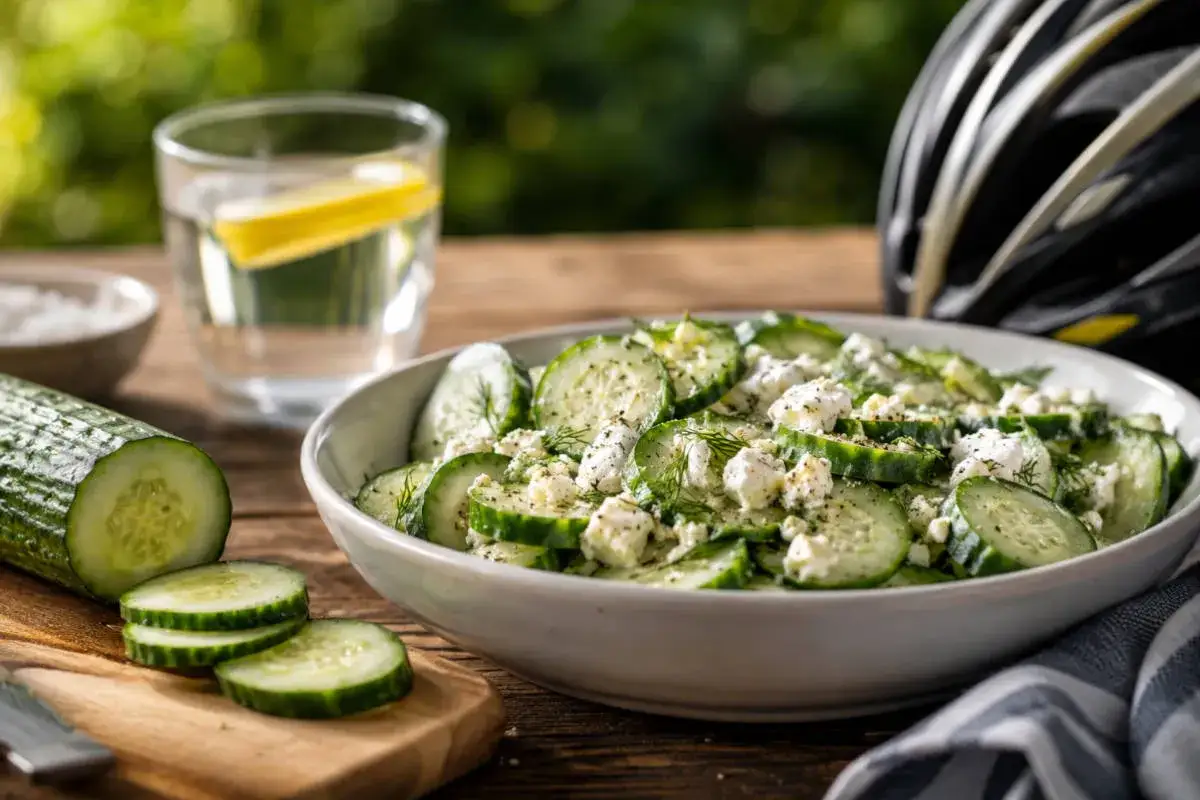 Ensalada refrescante de pepino con queso feta y eneldo, ideal para deportistas. Descubre los beneficios de comer pepino.