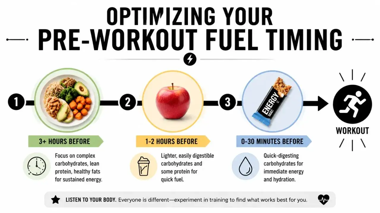 Guía de cuándo comer fruta y otros alimentos antes de entrenar: plato completo 3+ horas antes, manzana 1-2 horas antes, barra energética 0-30 minutos antes.