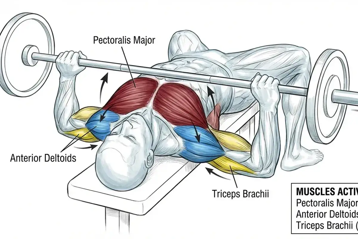 Ilustración anatómica del press banca, mostrando los músculos pectoralis major, anterior deltoids y triceps brachii trabajando.