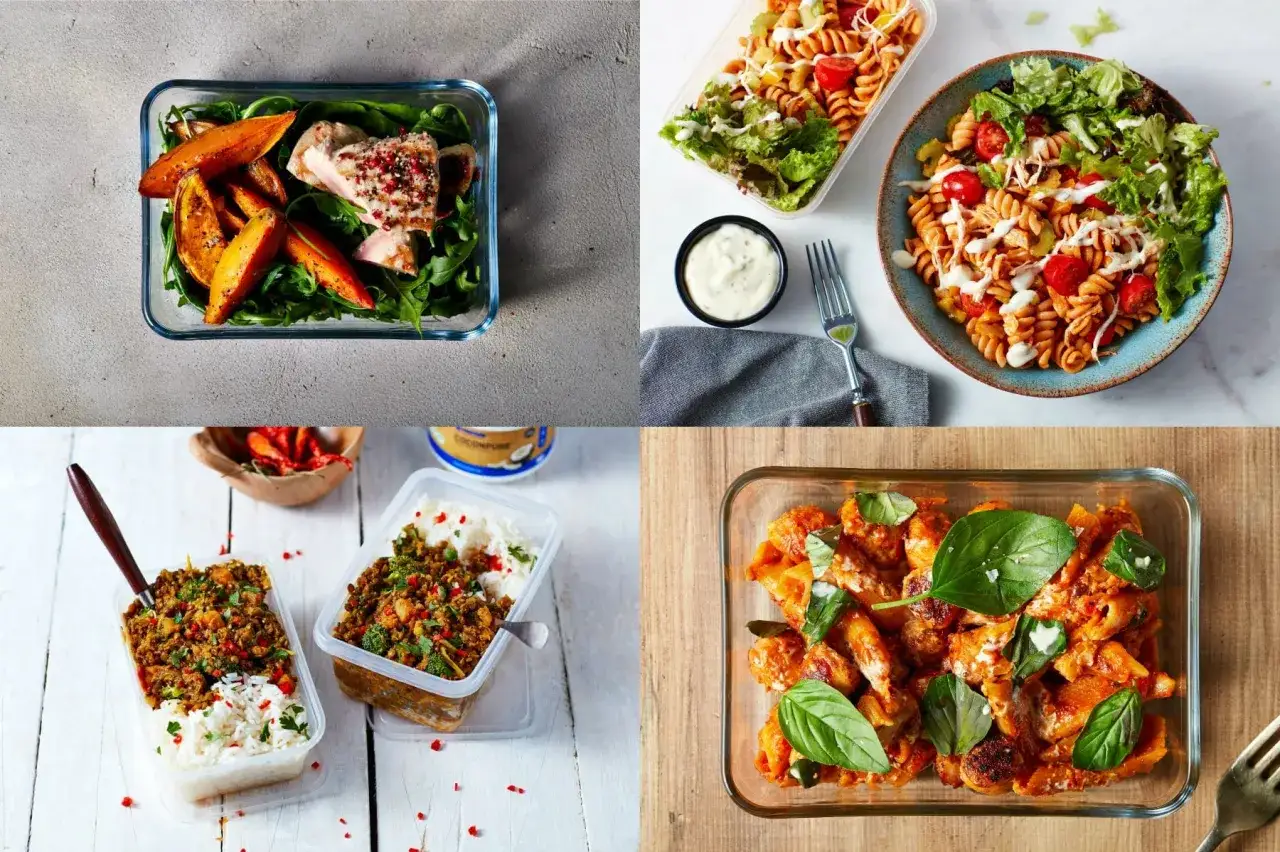 Comidas preparadas para una dieta volumen: salmón con boniato, pasta con pollo y ensalada, curry con arroz y pasta con salsa roja y albahaca.
