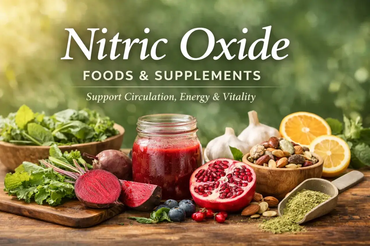 Alimentos y suplementos para óxido nítrico: remolachas, granada, ajo, frutos secos y cítricos, como vasodilatadores naturales.