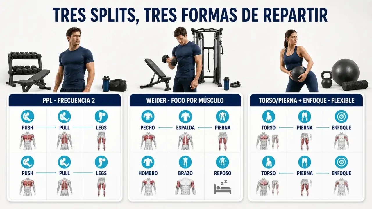 Tres rutinas de entrenamiento gimnasio: PPL, Weider y Torso/Pierna. Cada una detalla grupos musculares y frecuencia.