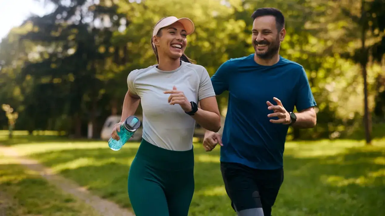 Pareja sonriente disfrutando de su entrenamiento maratón en un parque soleado.