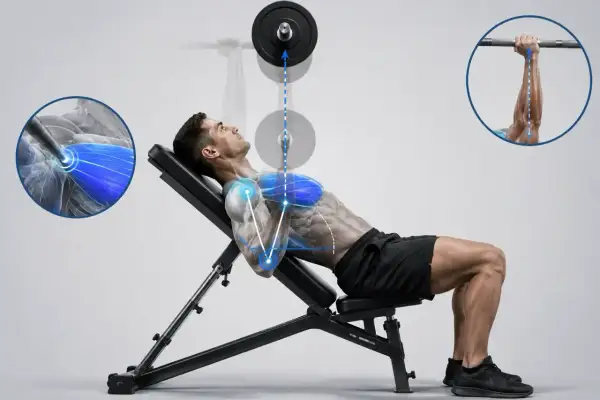 Hombre haciendo press inclinado con barra, destacando la activación del pectoral superior.