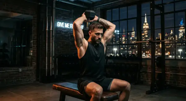Hombre realizando ejercicio de tríceps con mancuerna en un gimnasio con vista a la ciudad.
