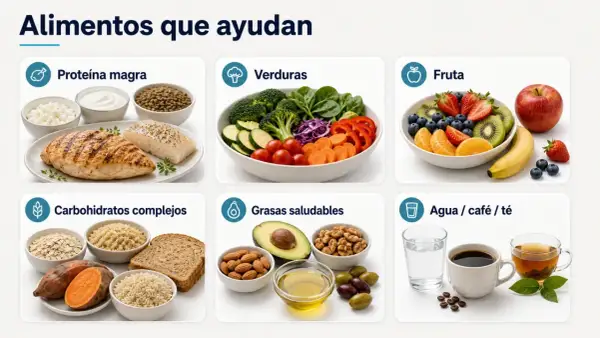 Proteína magra, verduras, fruta, carbohidratos complejos, grasas saludables y agua son alimentos para perder peso.