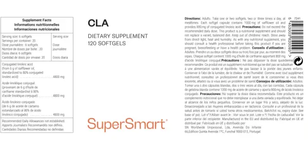 CLA: suplemento dietético de 120 cápsulas blandas. Para saber cla cuando tomar, lee las instrucciones: adultos, 1-2 cápsulas con las comidas.