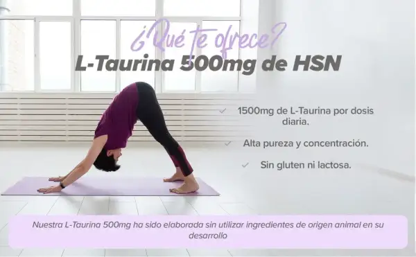 Mujer en postura de yoga. L-Taurina 500mg de HSN: 1500mg diarios, alta pureza, sin gluten ni lactosa. Descubre sus beneficios.