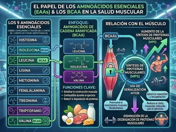 Infografía explica qué es BCAA, aminoácidos esenciales para la salud muscular, su relación con la síntesis de proteínas y el crecimiento.