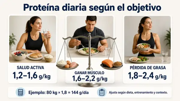 Guía visual sobre cómo tomar proteína según tu objetivo: salud activa, ganar músculo o pérdida de grasa, con ejemplos de ingesta diaria.