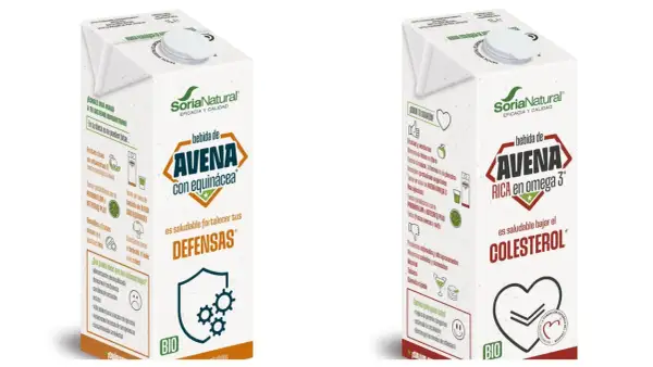 Dos cajas de bebida de avena SoriaNatural. Una destaca por fortalecer las defensas con equinácea, la otra por ser rica en omega 3 y ayudar a bajar el colesterol.