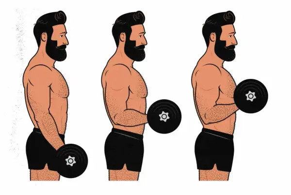 Ilustración de un hombre realizando ejercicios de empuje con mancuernas, mostrando la progresión del movimiento para fortalecer bíceps.