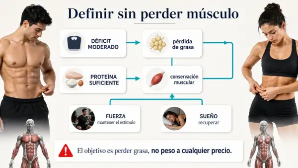 Diagrama de una dieta para definir: déficit moderado, proteína suficiente, fuerza y sueño para perder grasa sin perder músculo.