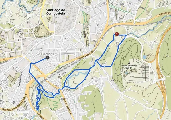 Mapa de Santiago de Compostela con ruta marcada. Un recorrido para el camino de Santiago corriendo, pasando por O Ensanche y Monte Gaiás.