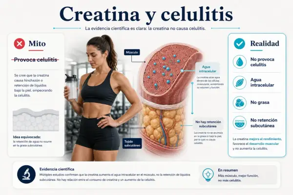 Mujer atlética con batido. Ilustración explica que la creatina no causa celulitis, sino que mejora el músculo y la función.