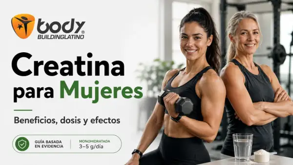 Dos mujeres fuertes y sonrientes, una con mancuerna. La imagen habla sobre creatina para mujeres, beneficios y dosis. ¿Cuánto tiempo tomar creatina? Descúbrelo.