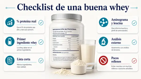 Checklist para elegir whey protein: alto % proteína, primer ingrediente whey, pocos rellenos, análisis externo y aminograma con leucina.