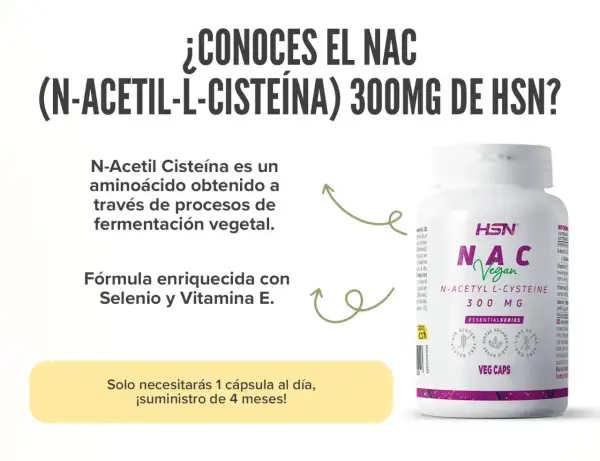 Descubre el NAC de HSN: N-Acetil L-Cisteína 300mg, vegano, con Selenio y Vitamina E. Conoce sus propiedades y contraindicaciones.