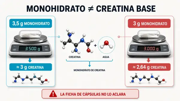 Comparación de la fase de carga de creatina: 3.5g de monohidrato dan ~3g de creatina, mientras que 3g de monohidrato dan ~2.64g.