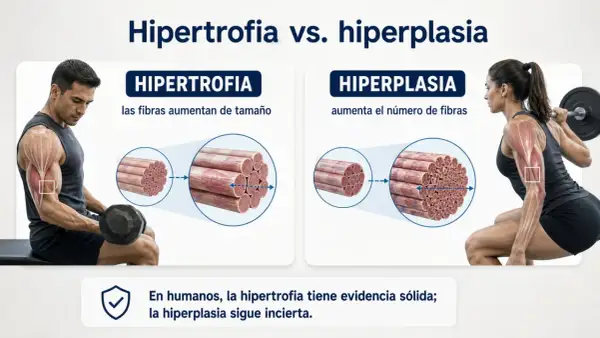 Hombre levanta pesas (hipertrofia: fibras aumentan tamaño) y mujer hace sentadilla (hiperplasia: aumenta número de fibras). En humanos, hipertrofia es sólida, hiperplasia incierta.