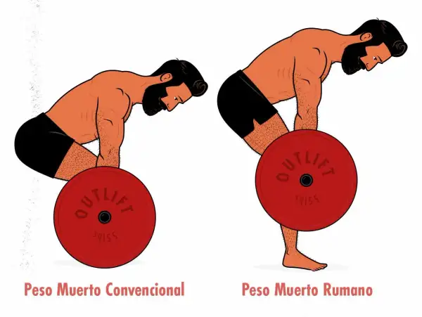 Ilustración comparativa de dos ejercicios con barra: peso muerto convencional y peso muerto rumano.