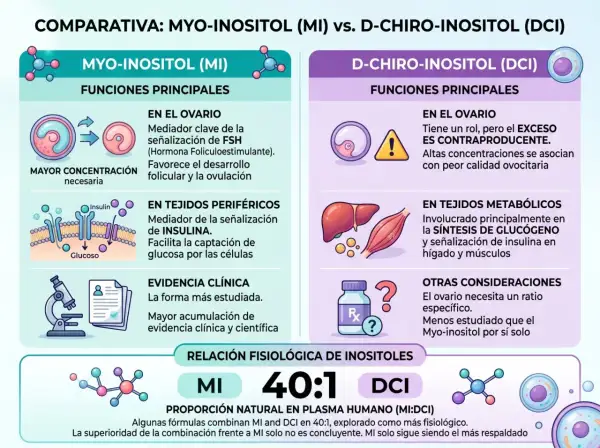 Comparativa de inositol: el DCI en exceso tiene contraindicaciones, afectando la calidad ovocitaria. El MI es más estudiado.