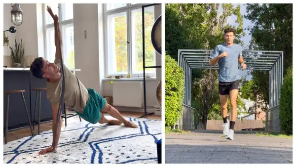 Hombre haciendo ejercicio en casa y corriendo al aire libre. Su rutina incluye un estiramiento lateral y un trote cochinero para mantenerse en forma.