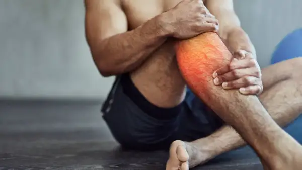 Hombre con dolor en la pantorrilla, con zona roja resaltada. A veces, es bueno hacer ejercicio con agujetas para fortalecer.